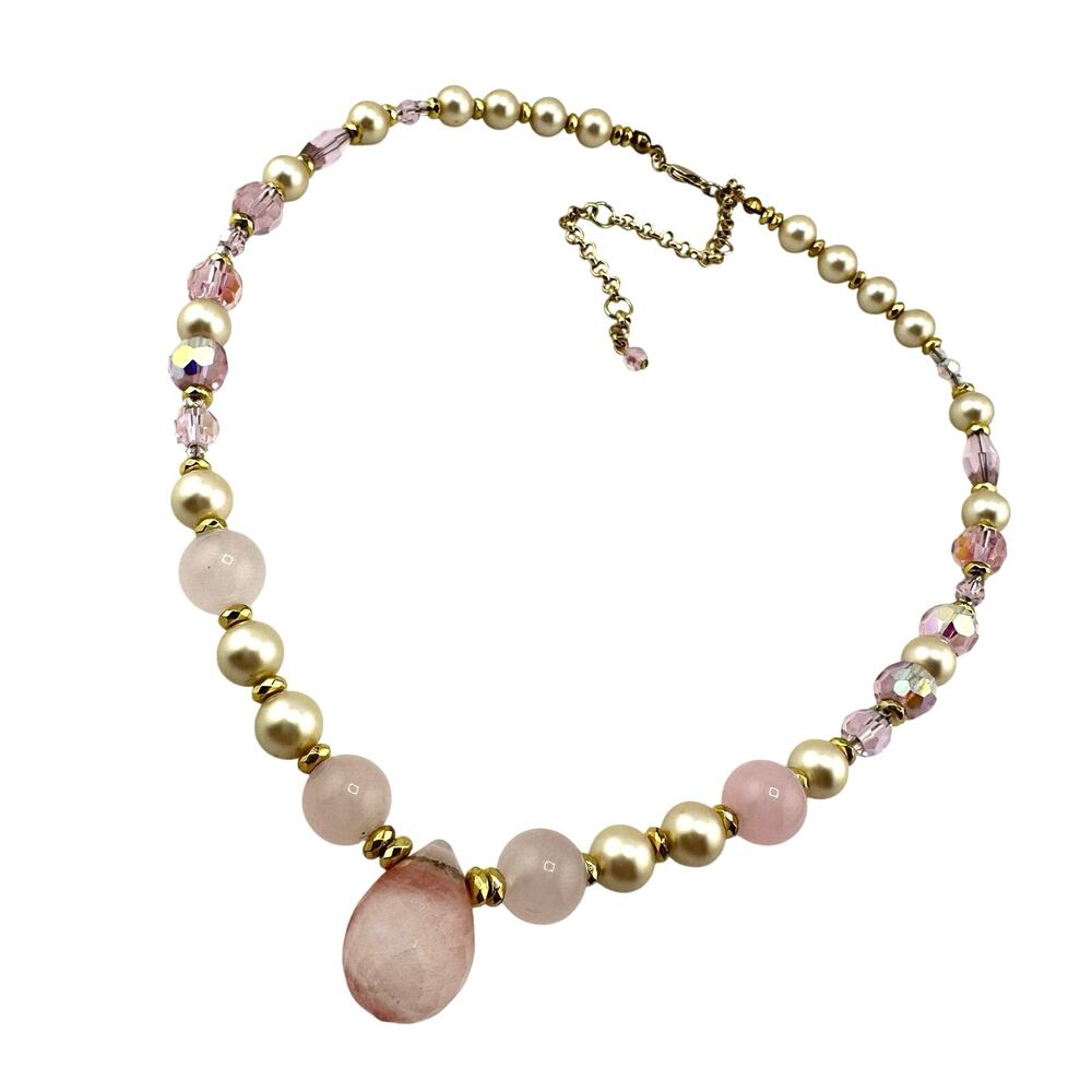 Handmade Rose Quartz Pink AB Crystal Vintage Faux Pearls Beaded 20" Necklace